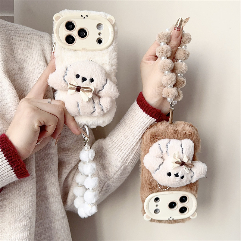 3D 만화 리본 강아지 따뜻하고 폭신한 플러시 폰 케이 - Phone Accessories Iphone 리뷰 및 가격
